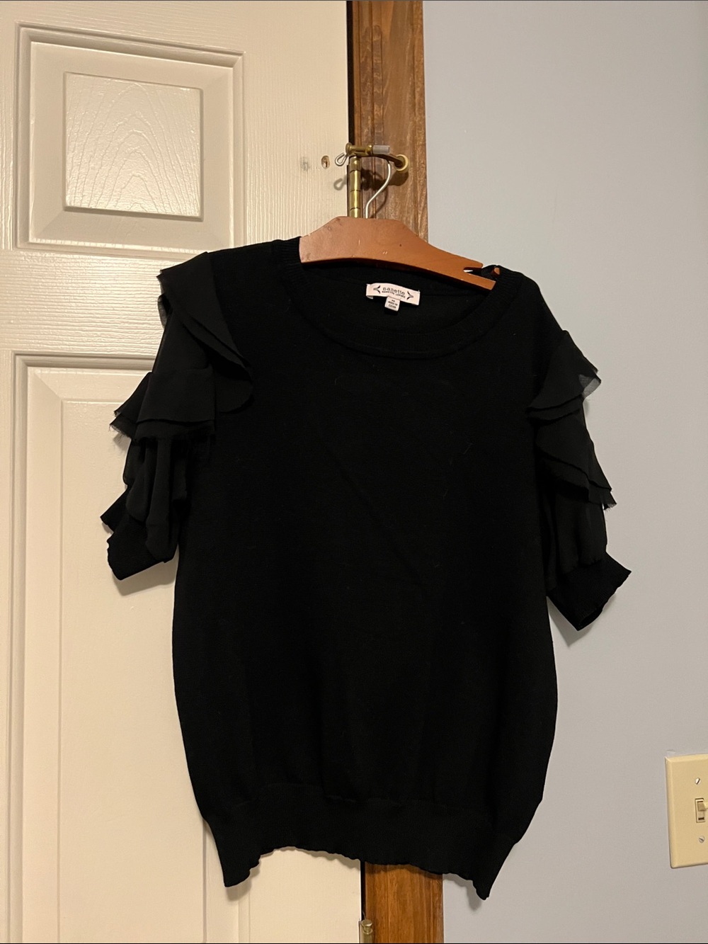 Nanette Lepore Black Ribbed Knit Top with Crew Neck